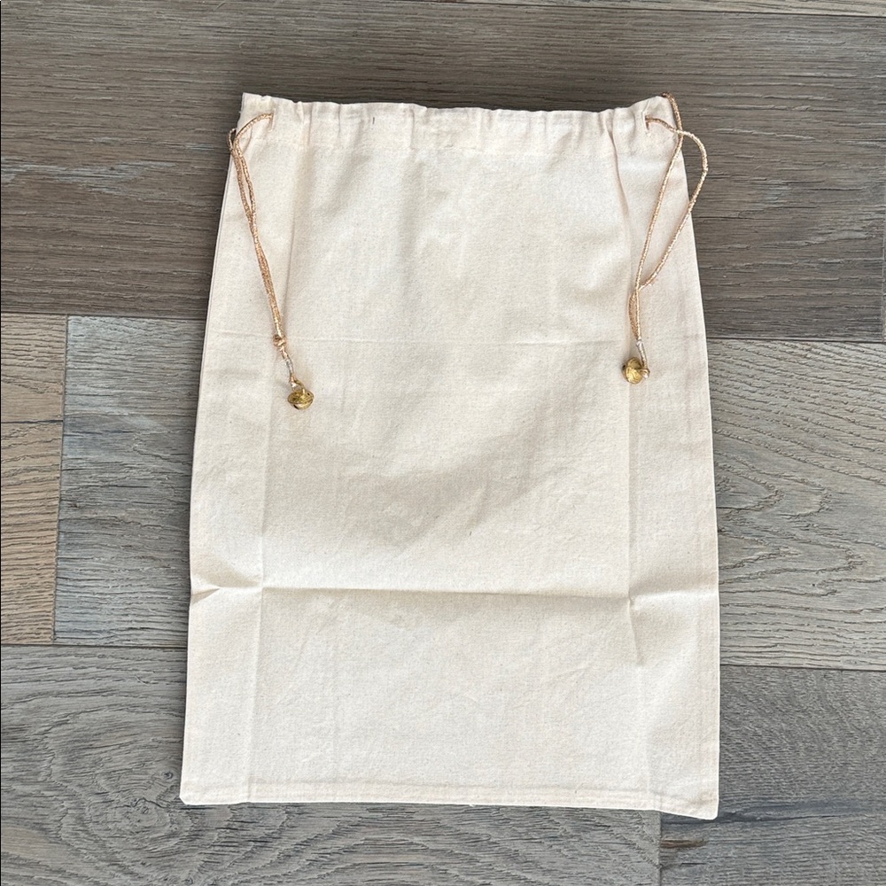 Free People Metallic Gold Stars, Drawstrings, & Bells Linen Satchel Bag 12”x16” - Picture 6 of 6